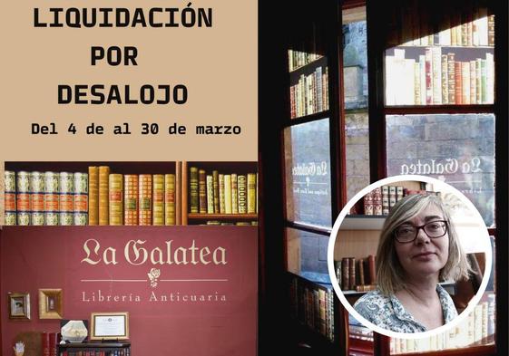 Anunció de liquidación de la Librería y a la derecha, la dueña.