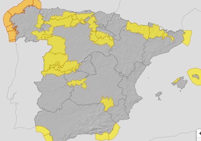 Mapa esperado para el viernes por la AEMET, con aviso amarillo por lluvia, viento y nieve en Salamanca.