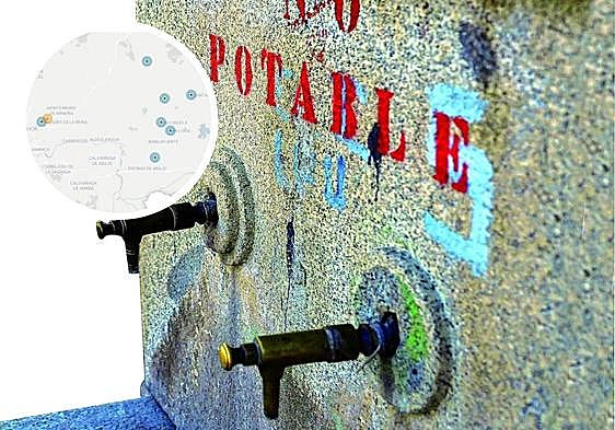 Fuente de agua y mapa de localización de municipios con presencia de nitratos.