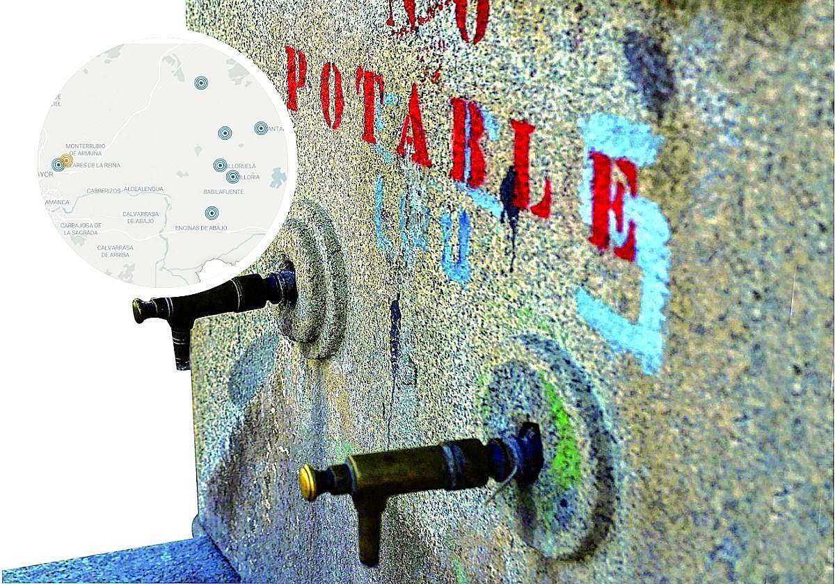 Fuente de agua y mapa de localización de municipios con presencia de nitratos.