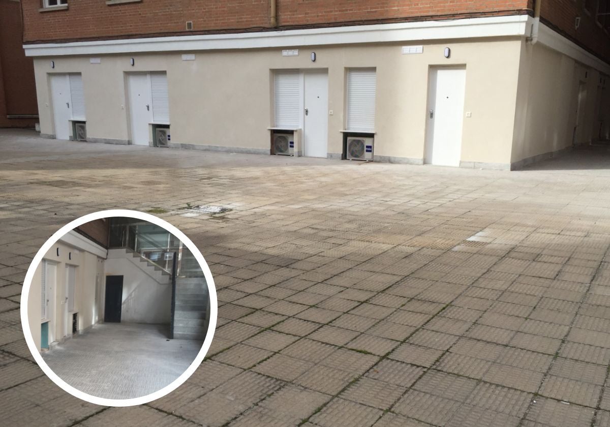 Patio comunitario privado con los accesos a los apartamentos y detalle de uno de los portales de acceso a las viviendas de los vecinos.