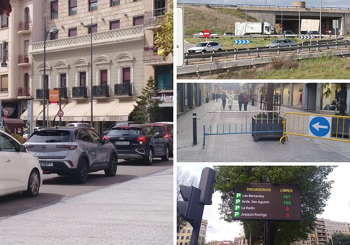 Cola para entrar a un parking, tráfico en Buenos Aires, vallas y pantalla con información de aparcamiento.