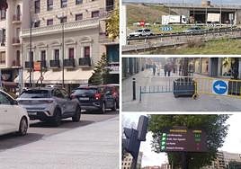 Cola para entrar a un parking, tráfico en Buenos Aires, vallas y pantalla con información de aparcamiento.