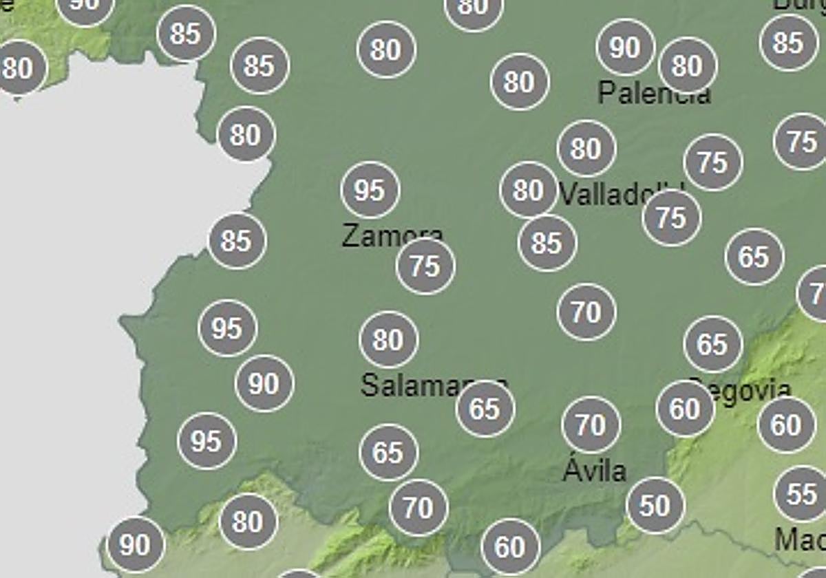 Provincia de Salamanca con porcentaje de probabilidad de tormentas este sábado.
