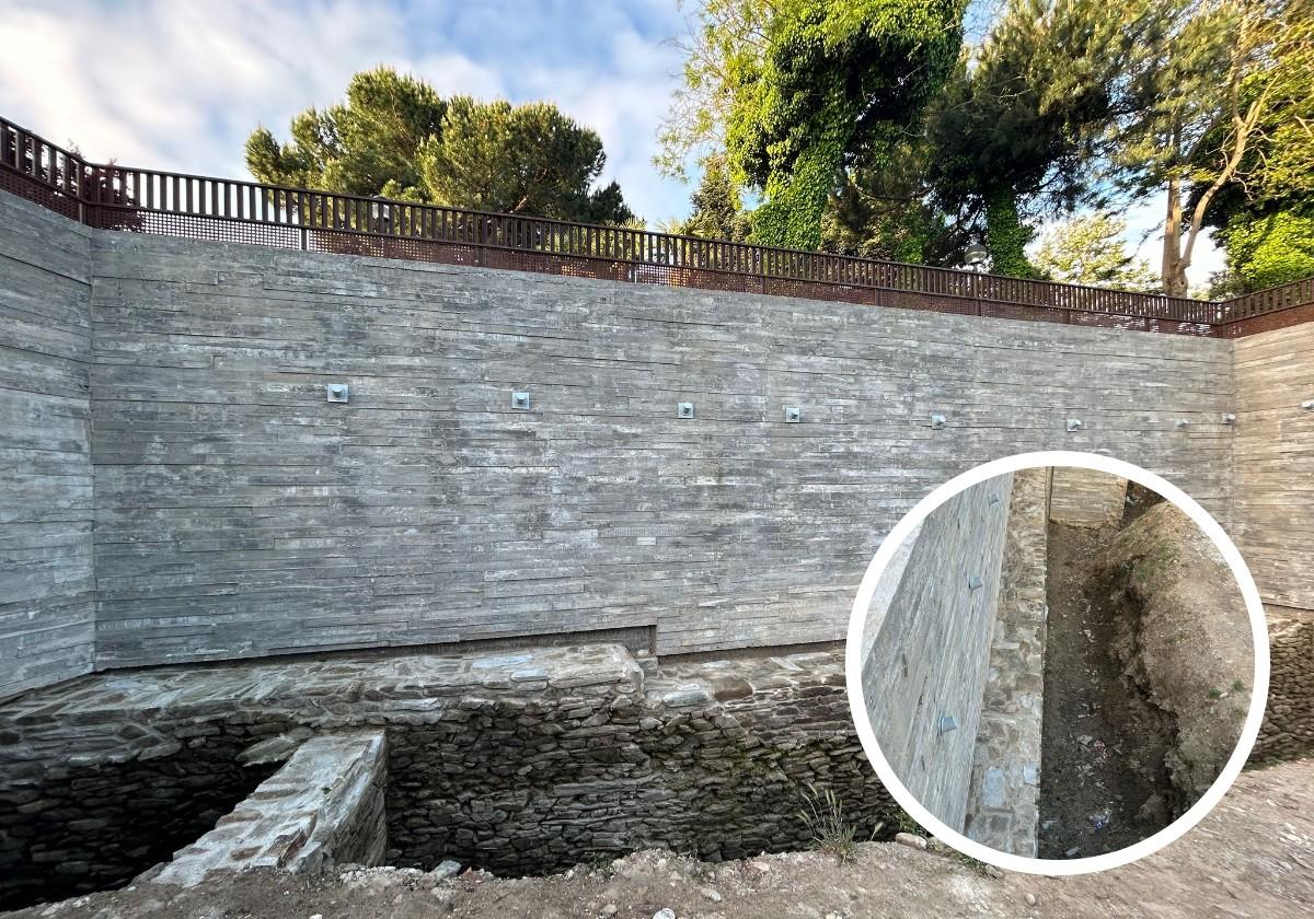 Restos de la antigua muralla en el parque de El Espolón. En el círculo, los restos desde arriba