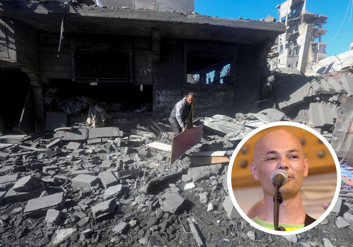 Un edificio bombardeado en Gaza y, a la derecha, Jesús Cifuentes, cantante de Celtas Cortos.