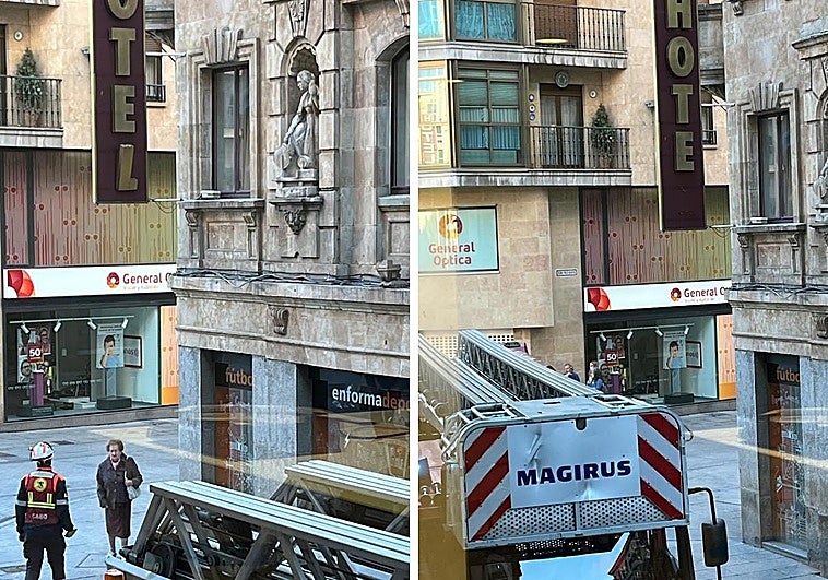 Antes y después del cartel del hotel Monterrey tras la intervención de los bomberos.