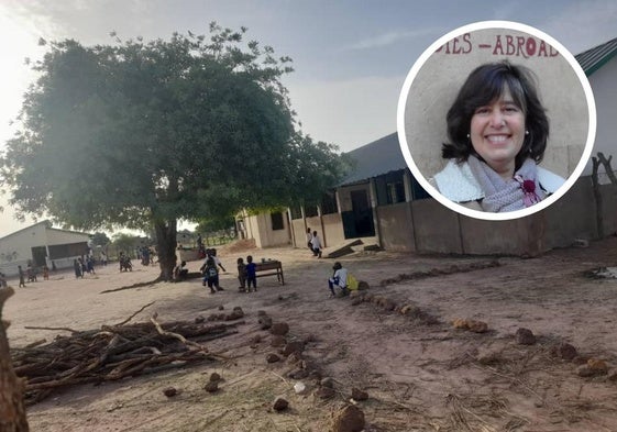 La escuela de Gambia del proyecto y, a la derecha, la profesora salmantina Isabel Martín Mateos.