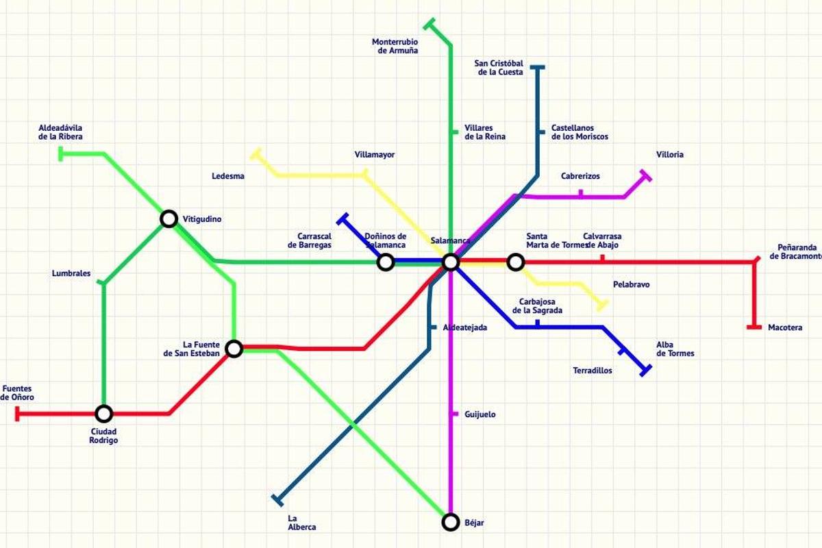 El original mapa con las líneas de bus que unirían Salamanca con sus pueblos