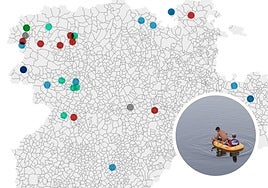 Mapa de zonas de baño autorizadas y bañistas en un río de Salamanca.
