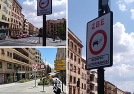 Señales de la ZBE instaladas en Gran Vía y el interior del casco histórico, y detalle de la placa.