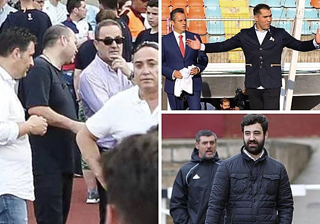 Lovato, en Santiago de Compostela en el ascenso a Segunda B junto a Agapito Iglesias; a la derecha arriba, el exárbitro mexicano Chiquimarco cuando dirigió dos días al Salamanca UDS; y abajo, Víctor Iglesias, en un partido del equipo en Las Pistas.