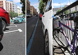 Aparcamiento en batería, zona azul y bicicleta amarrada a mobiliario urbano.