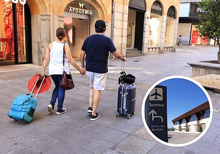 Una pareja con equipaje de viaje; en el círculo, el aeropuerto de Matacán