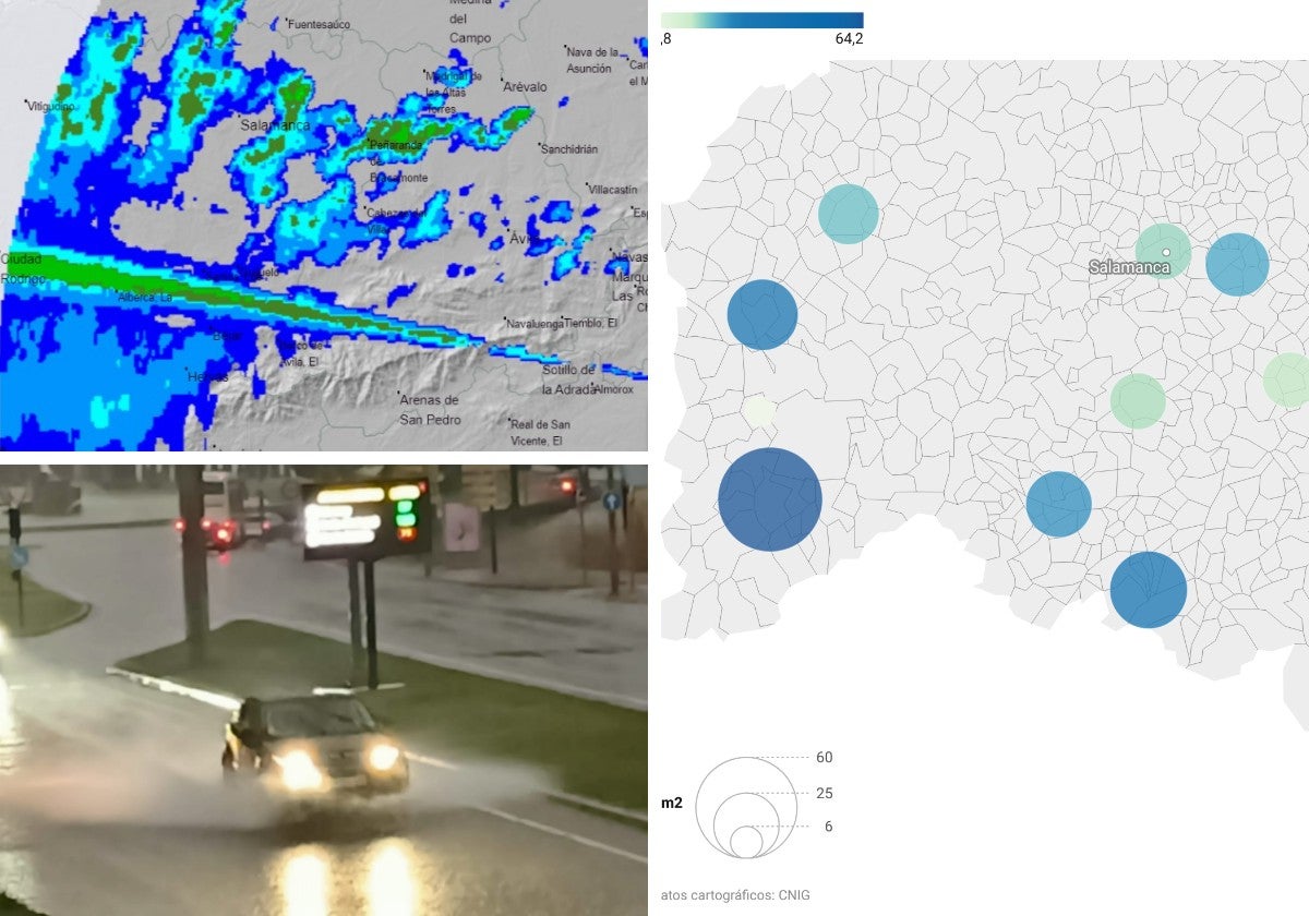 Toma de radar de lluvias, tormenta sobre Salamanca y mapa de precipitaciones de la provincia.