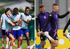 Jugadores de ambas selecciones, durante sus entrenamientos.