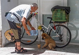 Un hombre da agua a un perro.