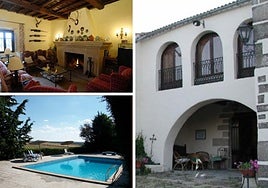 Uno de los salones, la piscina y el antiguo edificio conventual.