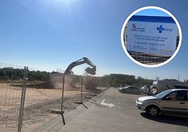 Una máquina trabajando en la parcela y en el detalle, cartel del presupuesto.