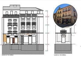 Alzado del proyecto de rehabilitación y fachada actual del edificio.