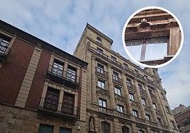 Imagen de la fachada lateral del hotel y detalle del agua cayendo.