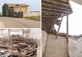El humilladero, ya tras el derrumbe, y los restos de su artesonado en el interior.