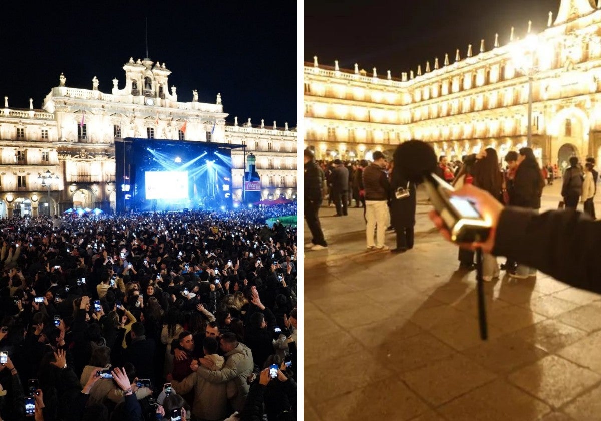 Espectáculo musical del Fin de Año Universitario y agente de la Policía Local midiendo ruidos.