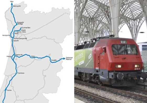 Trayecto de la nueva línea y un tren interciudades de CP.