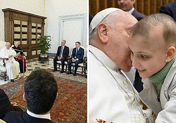 El alcalde Carbayo, sentado junto al Papa Francisco en su visita y María Caamaño, junto a Francisco este mismo año.