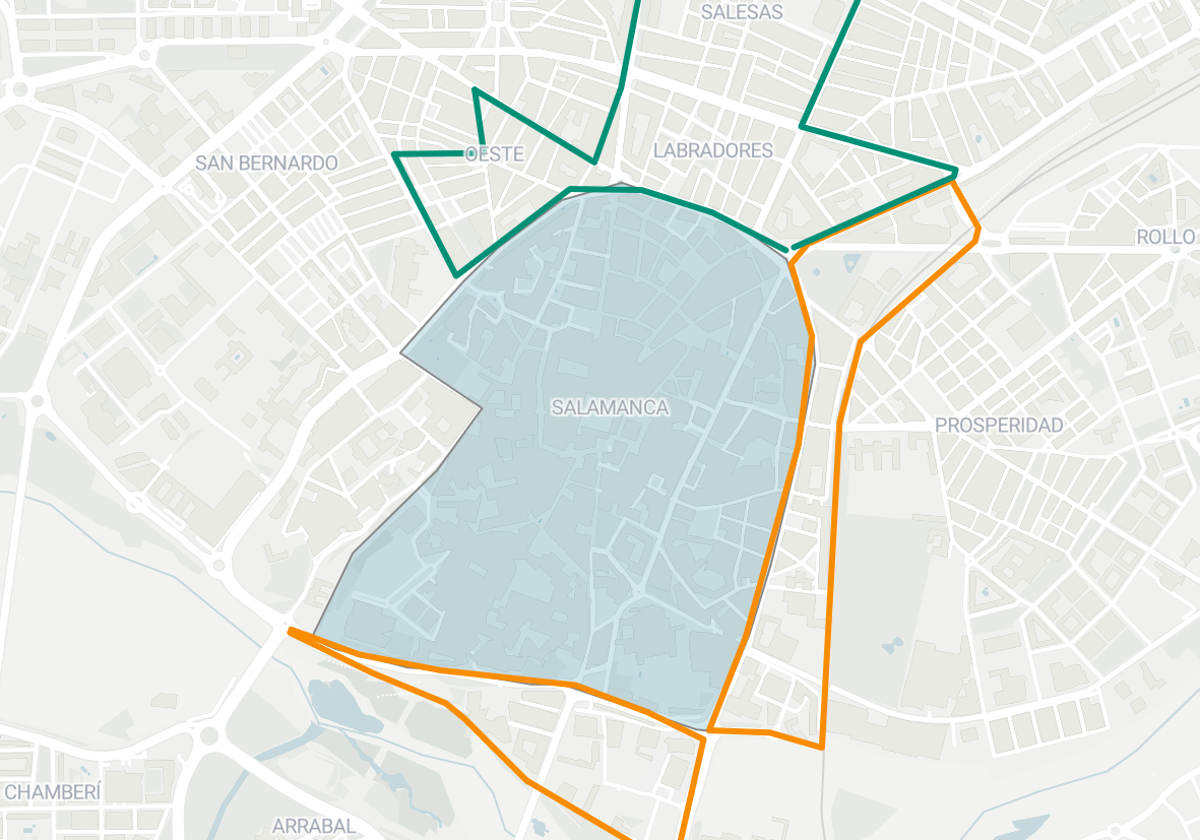 Mapa con las actuales zona azul y verde y la ampliación.