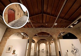 Sala de exposiciones del Colegio de Santo Domingo de la Cruz; en el círculo, el Colegio desde fuera