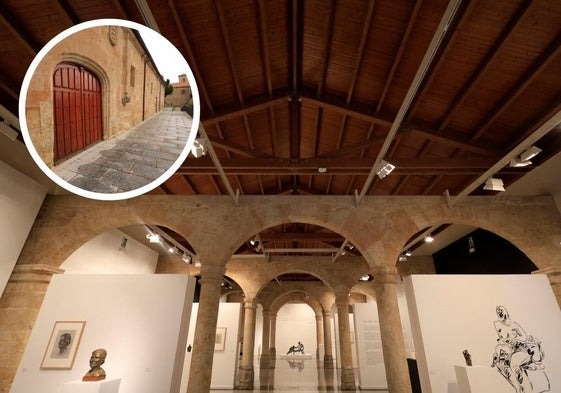 Sala de exposiciones del Colegio de Santo Domingo de la Cruz; en el círculo, el Colegio desde fuera