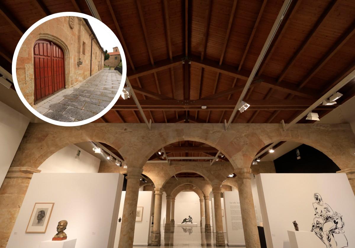 Sala de exposiciones del Colegio de Santo Domingo de la Cruz; en el círculo, el Colegio desde fuera
