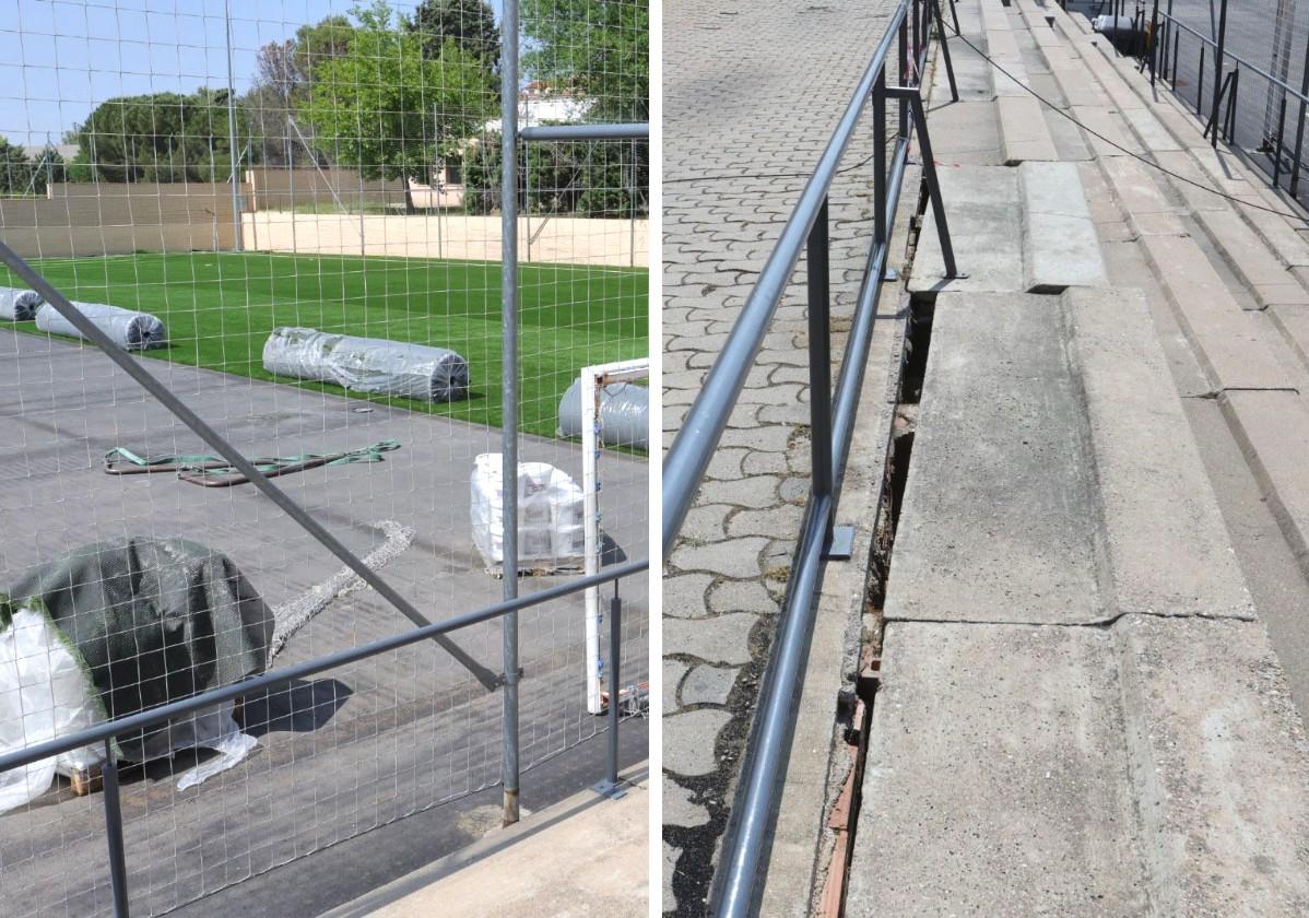 La renovación del césped de este campo de Salamanca contrasta con una grada que se cae a pedazos