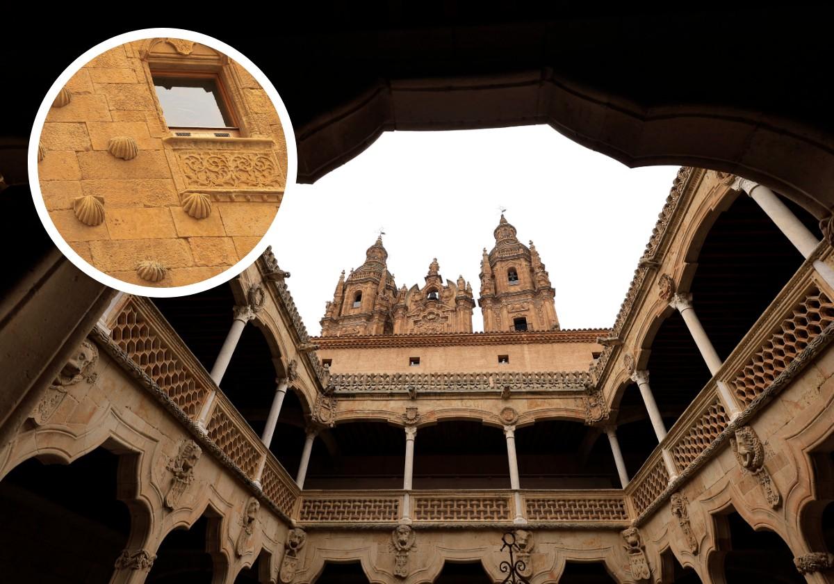 Patio principal de la Casa de las Conchas; en el círculo, una de las ventanas en la fachada