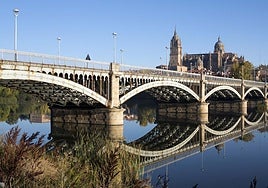 El puente Enrique Estevan, maleza en las riberas del Tormes y las Catedrales de Salamanca.