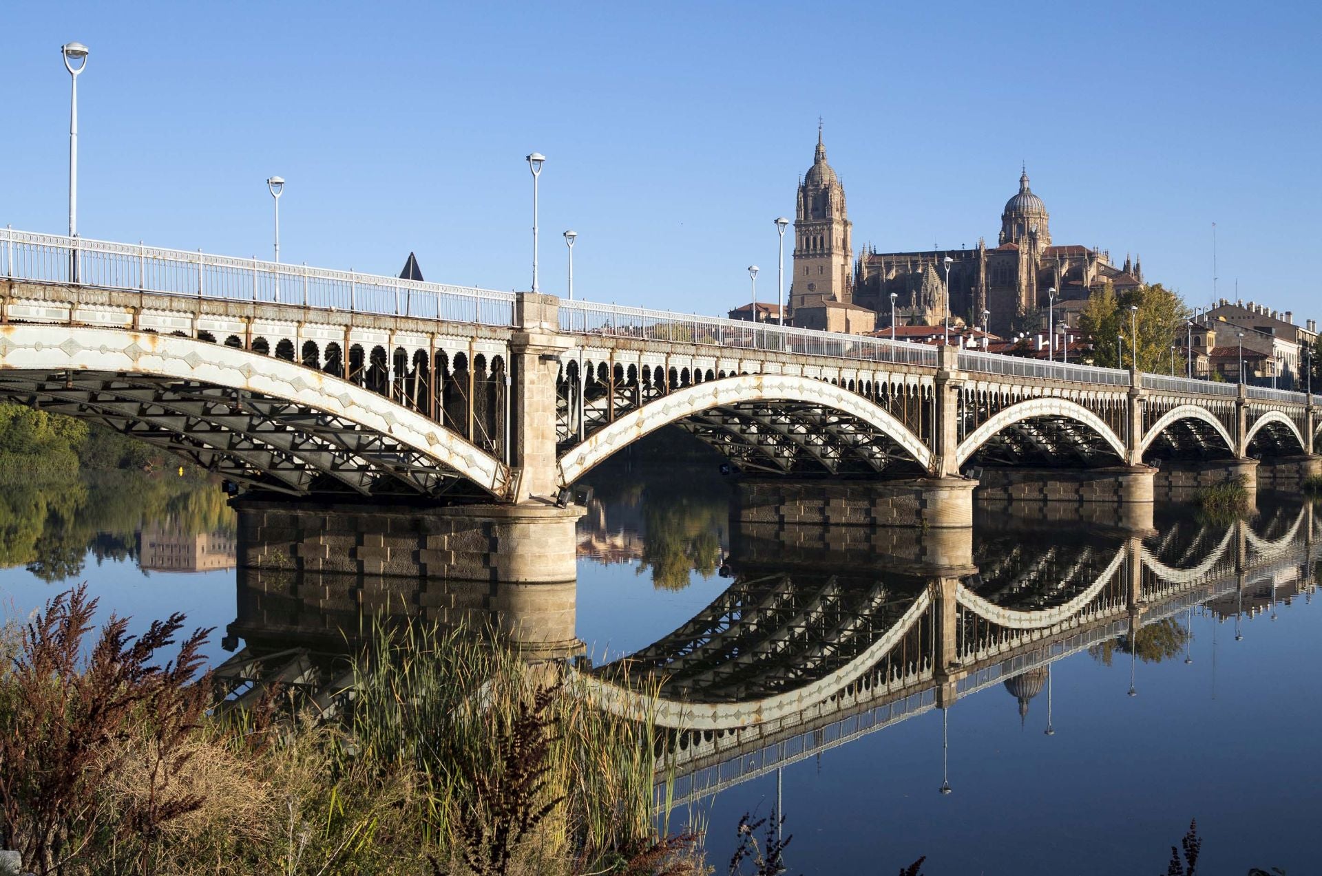 El puente Enrique Estevan, maleza en las riberas del Tormes y las Catedrales de Salamanca.