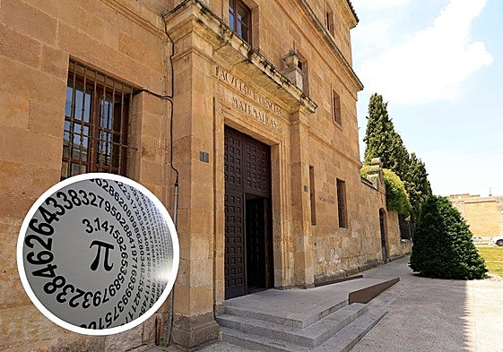 Entrada de la Facultad de Matemáticas; en el círculo, pared con el número pi representado dentro de la facultad