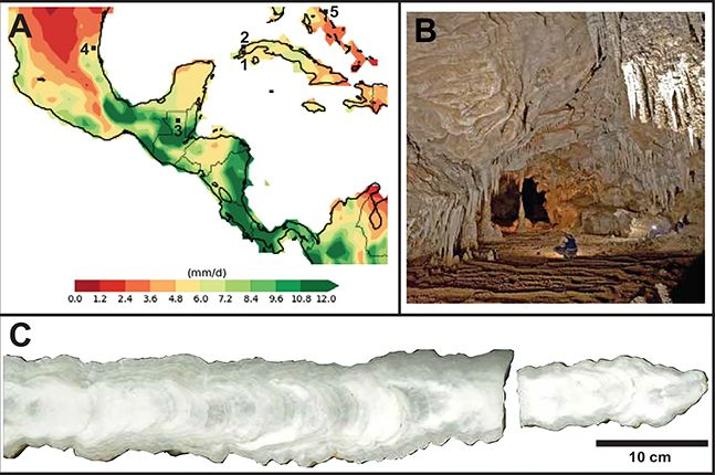 A) Ubicación del sitio OS en la cueva Majaguas-Cantera (Cuba) y otros registros paleoclimáticos en el Caribe. El sombreado indica lluvia estacional (junio-octubre). B) Área de recolección en la cueva. C) Estalagmita OS de 640 mm.