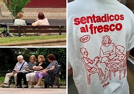 Personas sentadas en bancos públicos y la camiseta de 'Sentadicos al fresco'.