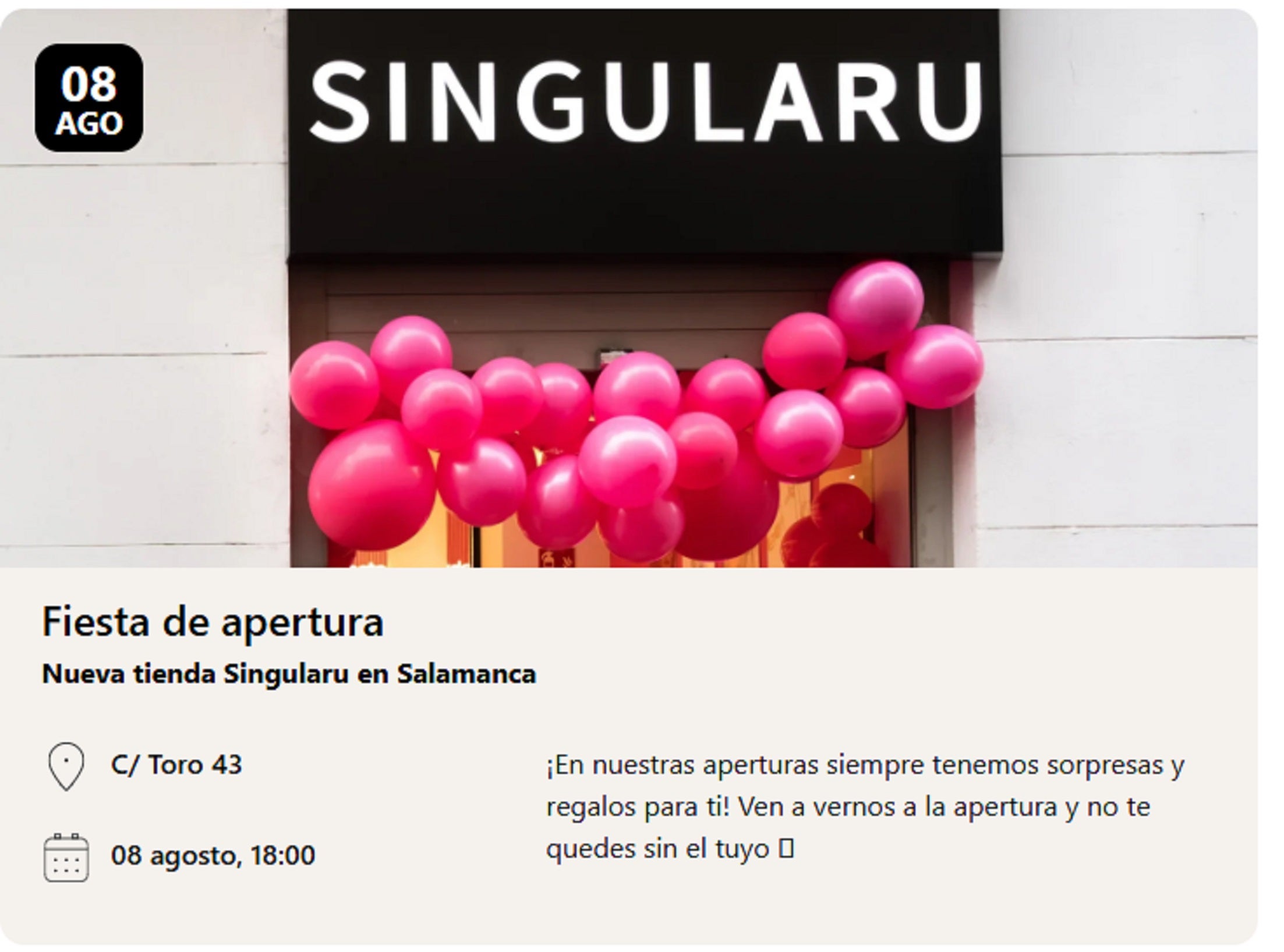 Anuncio de la fiesta por la apertura de la tienda de Singularu en Salamanca este viernes.