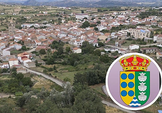 Vista aérea de Aldeadávila de la Ribera y, a la derecha, el escudo municipal.