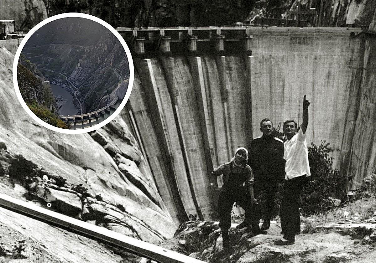 Los actores Alec Guinness y Rita Tushingham junto al director David Lean durante el rodaje de la película Doctor Zhivago en la presa de Aldeadávila (Salamanca) y, arriba a la izquierda, la presa en la actualidad.