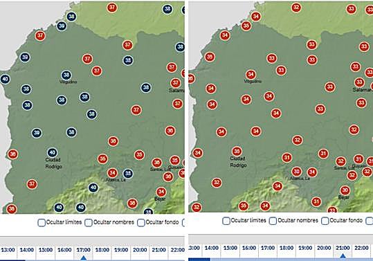 Temperaturas máximas que se esperan hoy en la provincia de Salamanca, a la izquierdaa las 17 horas y a la derecha, a las 21 horas.