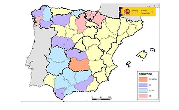 Mapa del Ministerio en el que se pueden ver las provincias en las que hasta el momento se han confirmado oficialmente focos de diferentes serotipos del virus de la lengua azul en la presente temporada 2025-2026.