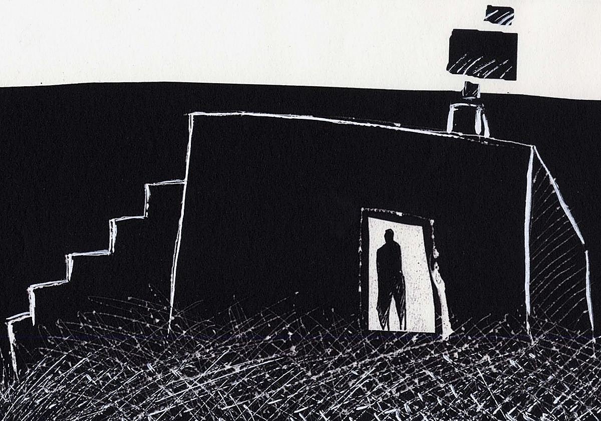 Hombre en el umbral de una vivienda.