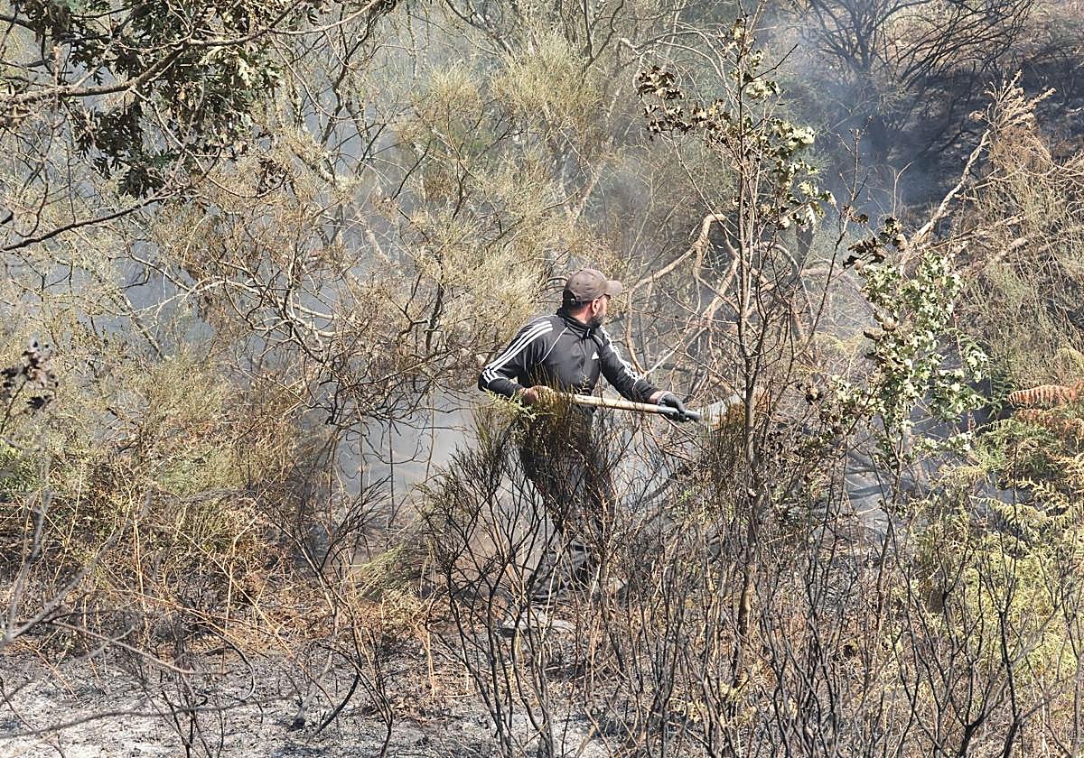 Un hombre ayuda a sofocar las llamas en el incendio de La Alberca.