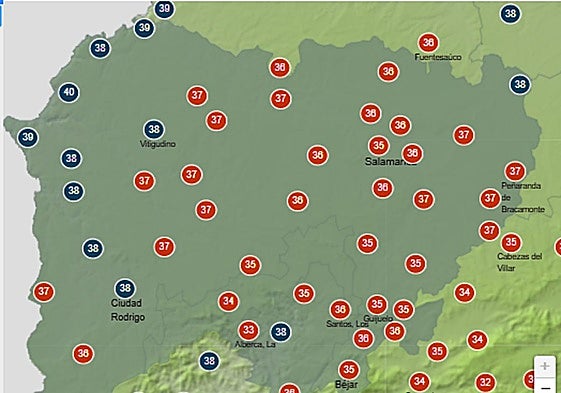 Temperaturas que se esperan este viernes en Salamanca a las 17 horas.