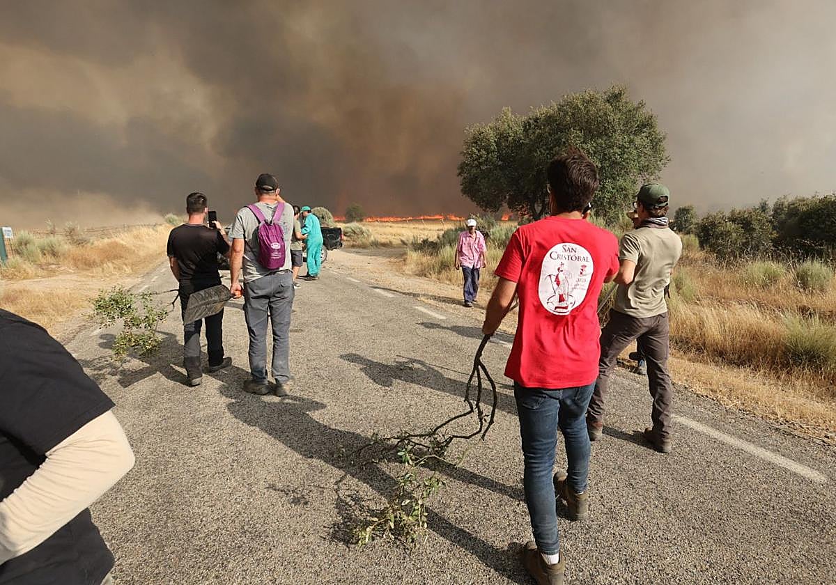 Vecinos de Cipérez y alrededores luchan contra el fuego este viernes en Salamanca.