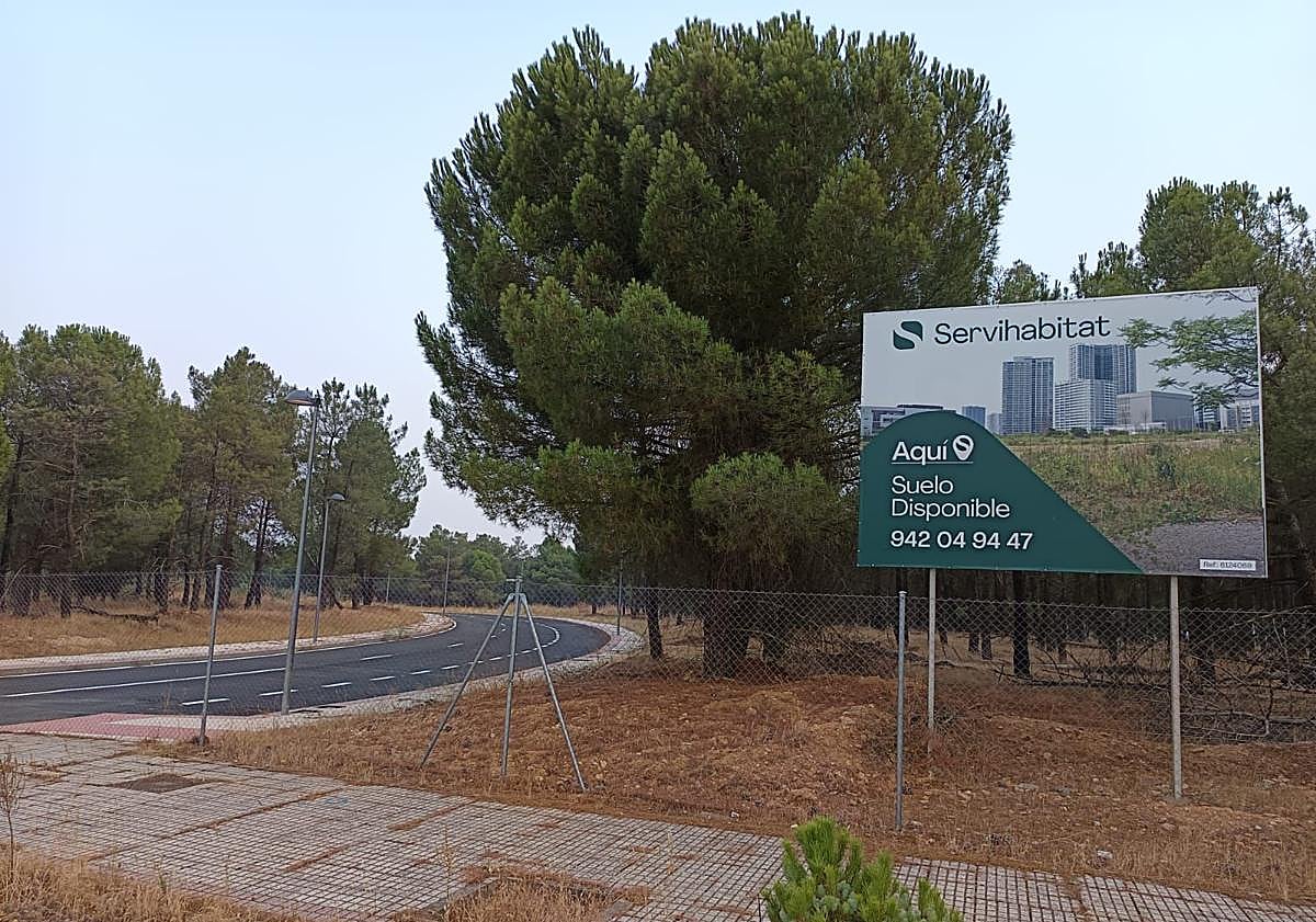 Imagen principal - Cartel de la inmobiliaria que ha intentado vender el terreno, césped y una acera de la urbanización, sin estrenar.